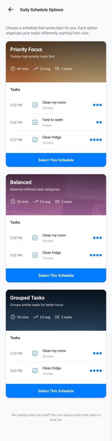 Schedule Options Screen